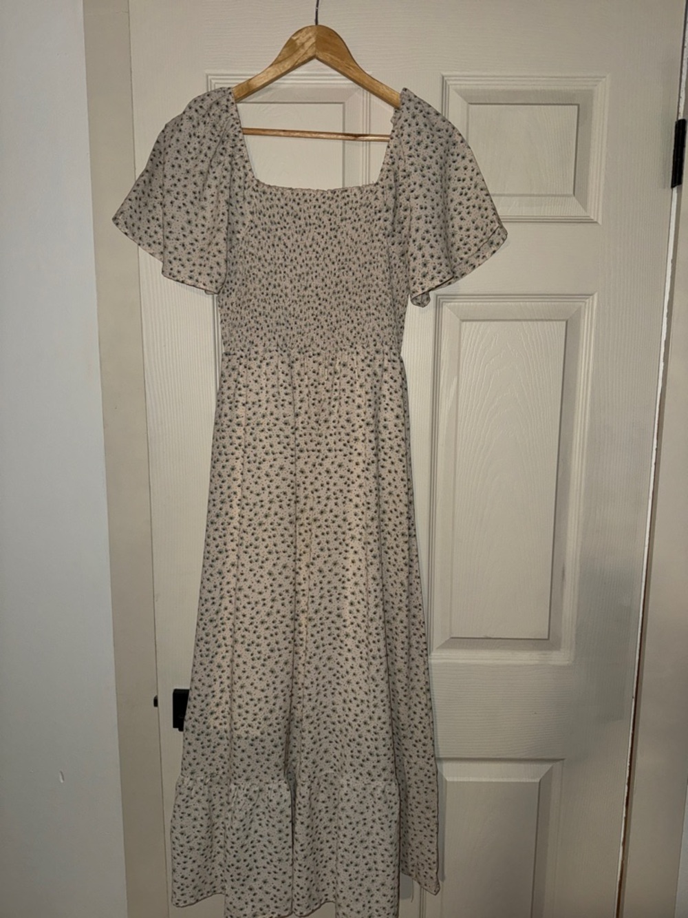 Smocked Square Neck Floral Midi Dress - Cream - Picture 1 of 3